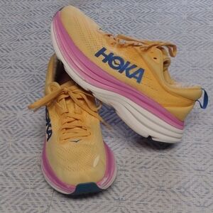 Hoka One One Bondi 8 Women's Yellow and Pink Running Shoes